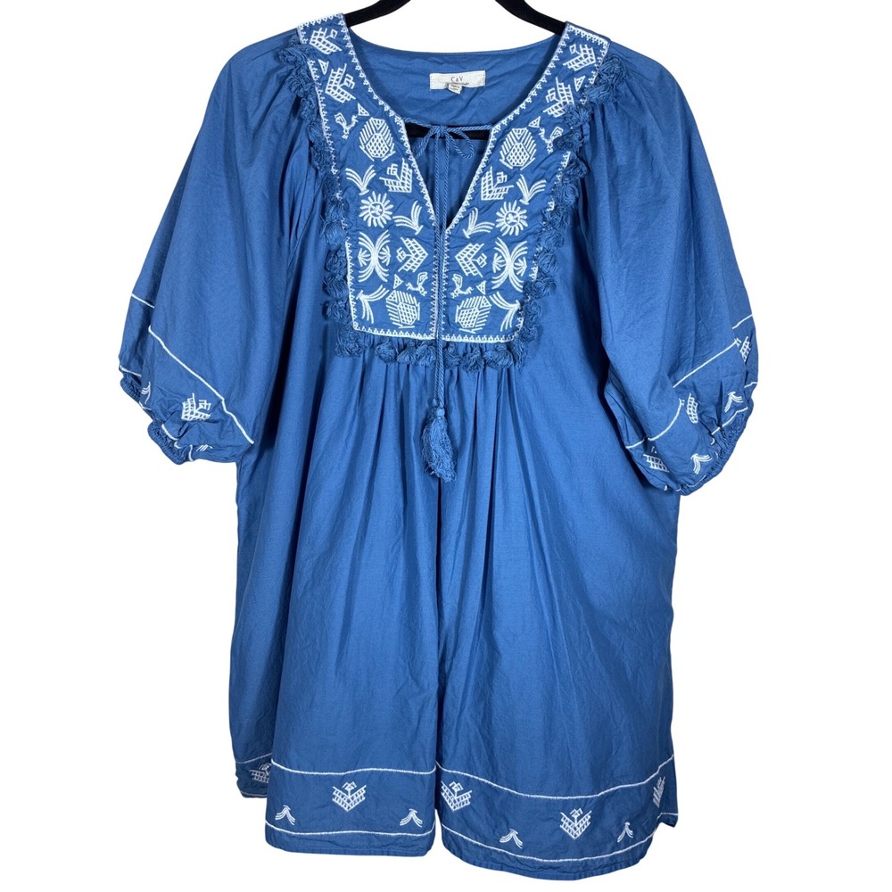 Chelsea & Violet Blue Embroidered Boho Mini Dress 3/4 Puff Sleeve Tassel Size M